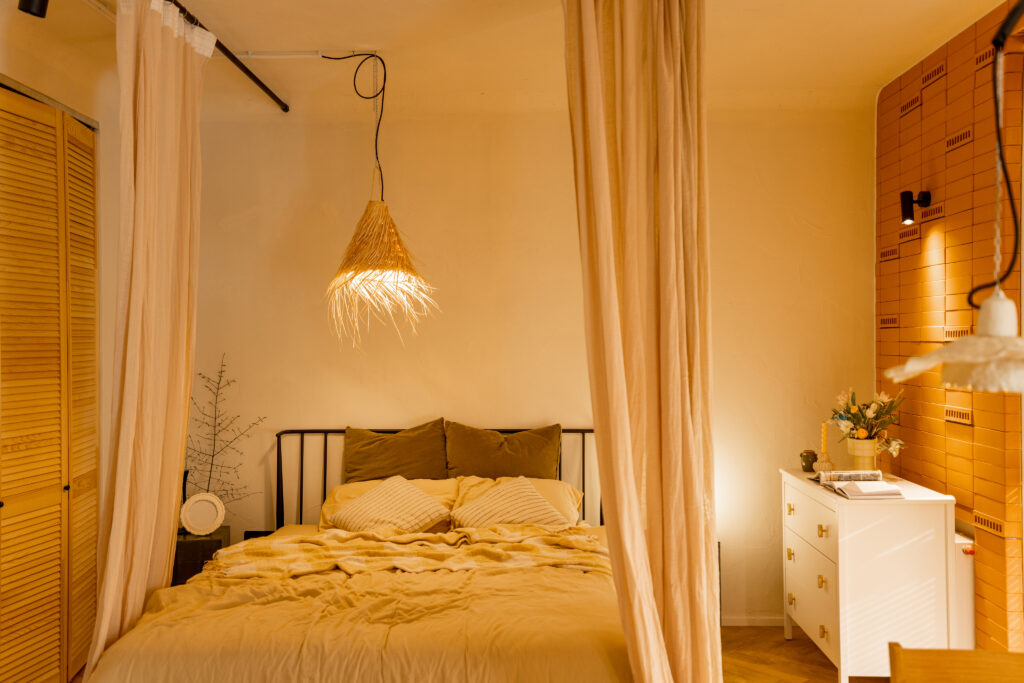Interior view of bedroom in beige tones