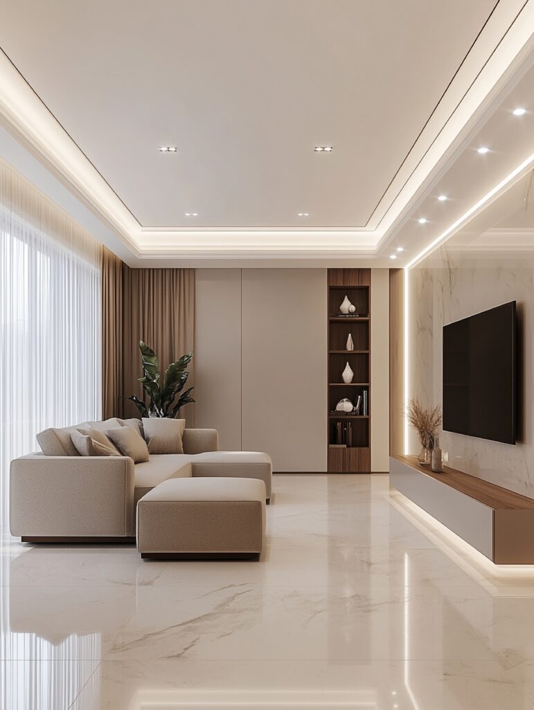 Modern Living Room with LED Strip Lighting and TV Wall