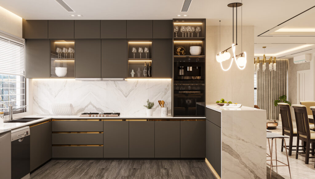 Modern wooden and gray kitchen with island, stools and windows,